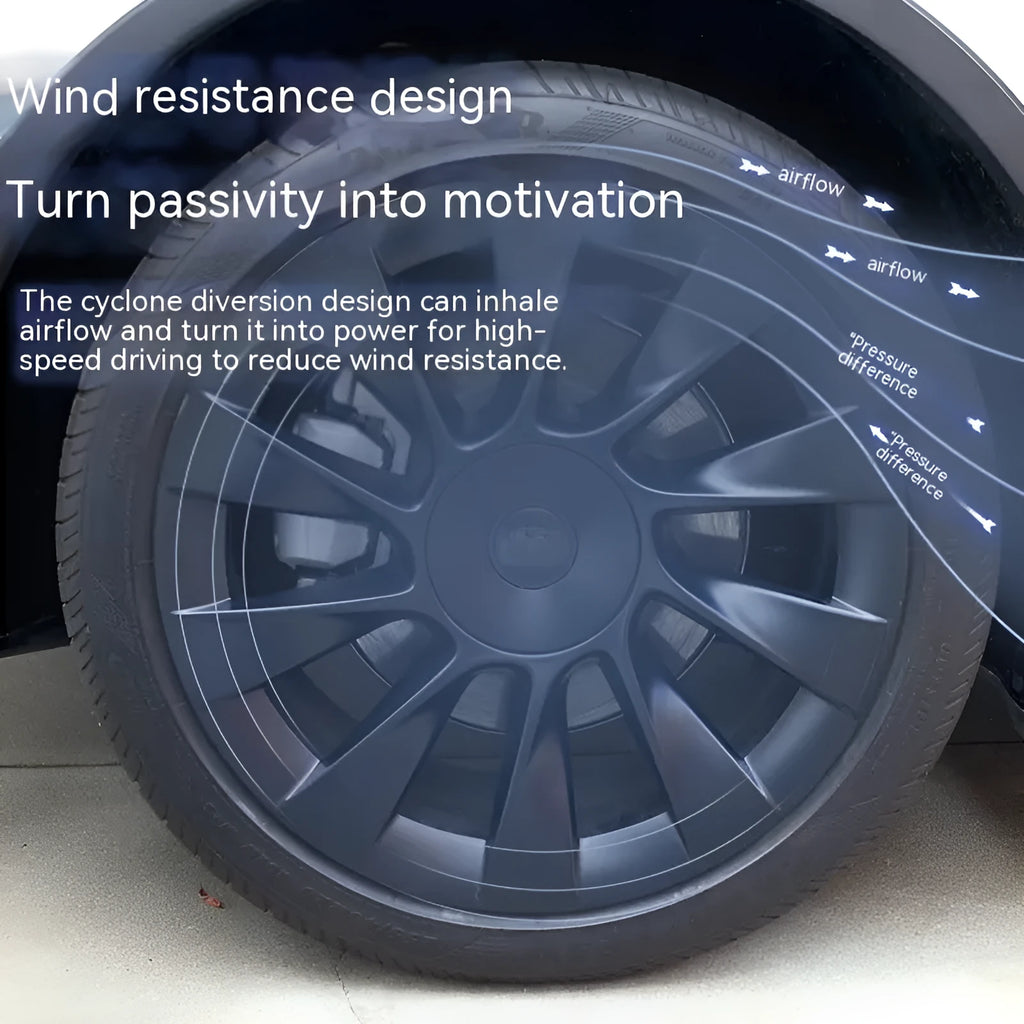 Set of four plastic wheel hub covers for a Tesla Model Y, showing black, white, red, and carbon fibre pattern options.