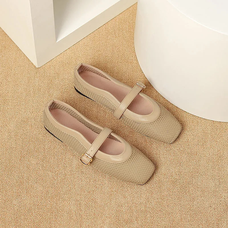 Women's beige mesh summer pumps with square toe and buckle closure showing breathable upper design