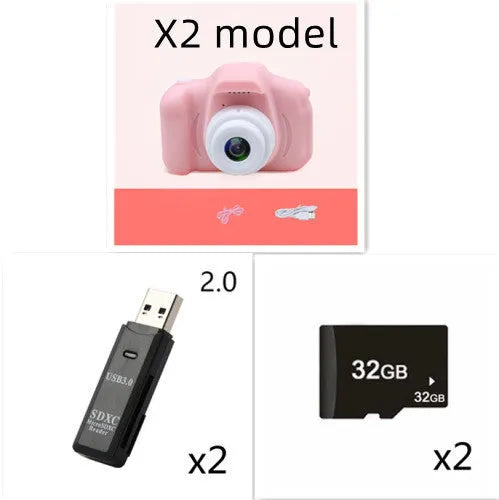 X2 HD mini cartoon kids digital camera in silicone body with 2-inch screen and lanyard.