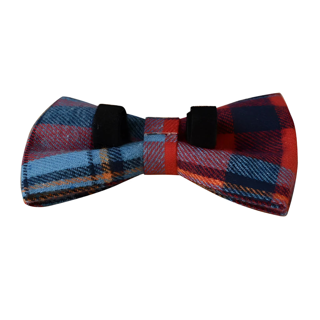 Blue background velvet plaid dog collar with a silver alloy metal buckle on a white surface.