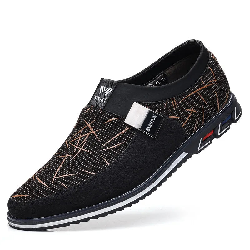 Men's grey and white synthetic leather flat casual shoes with a square toe and rubber sole.