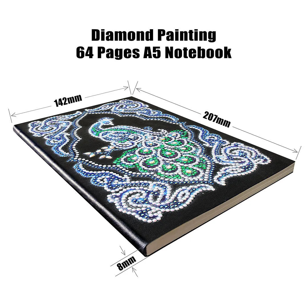 A5 diamond painting notebook kit with peacock design, shaped drills, and bright drills on black cover.