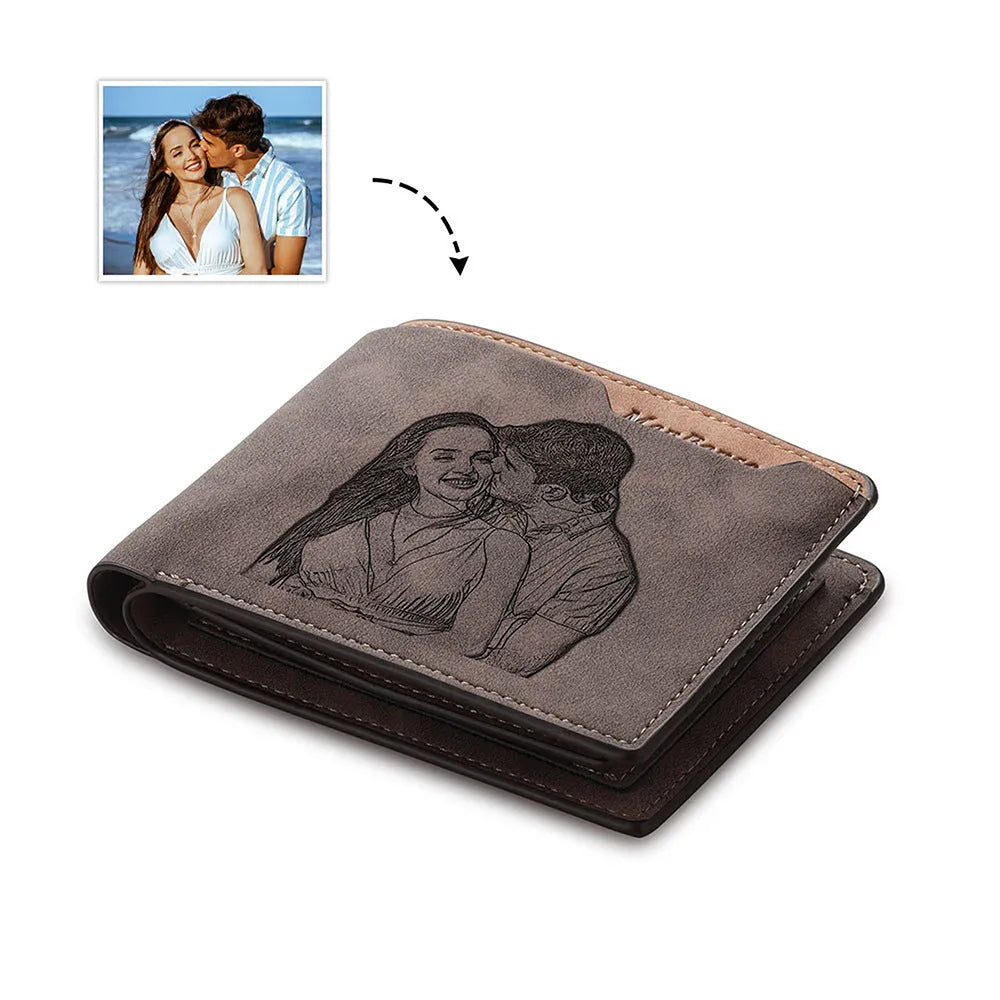 Engraved coffee-coloured PU horizontal short wallet showing personalisation and seven card slots