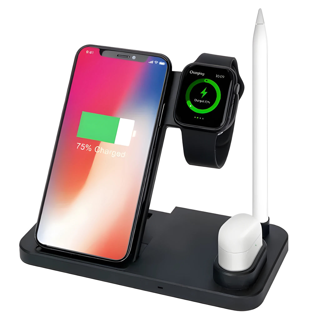 Black 4-in-1 wireless charging station showing phone on adjustable stand, with Apple Watch and AirPods charging.