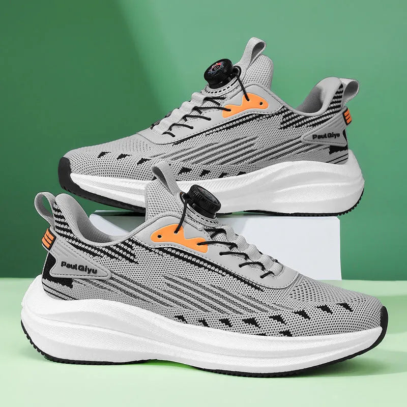 Men's white green rotating buckle running shoes with Fly-kit mesh upper and low-top design
