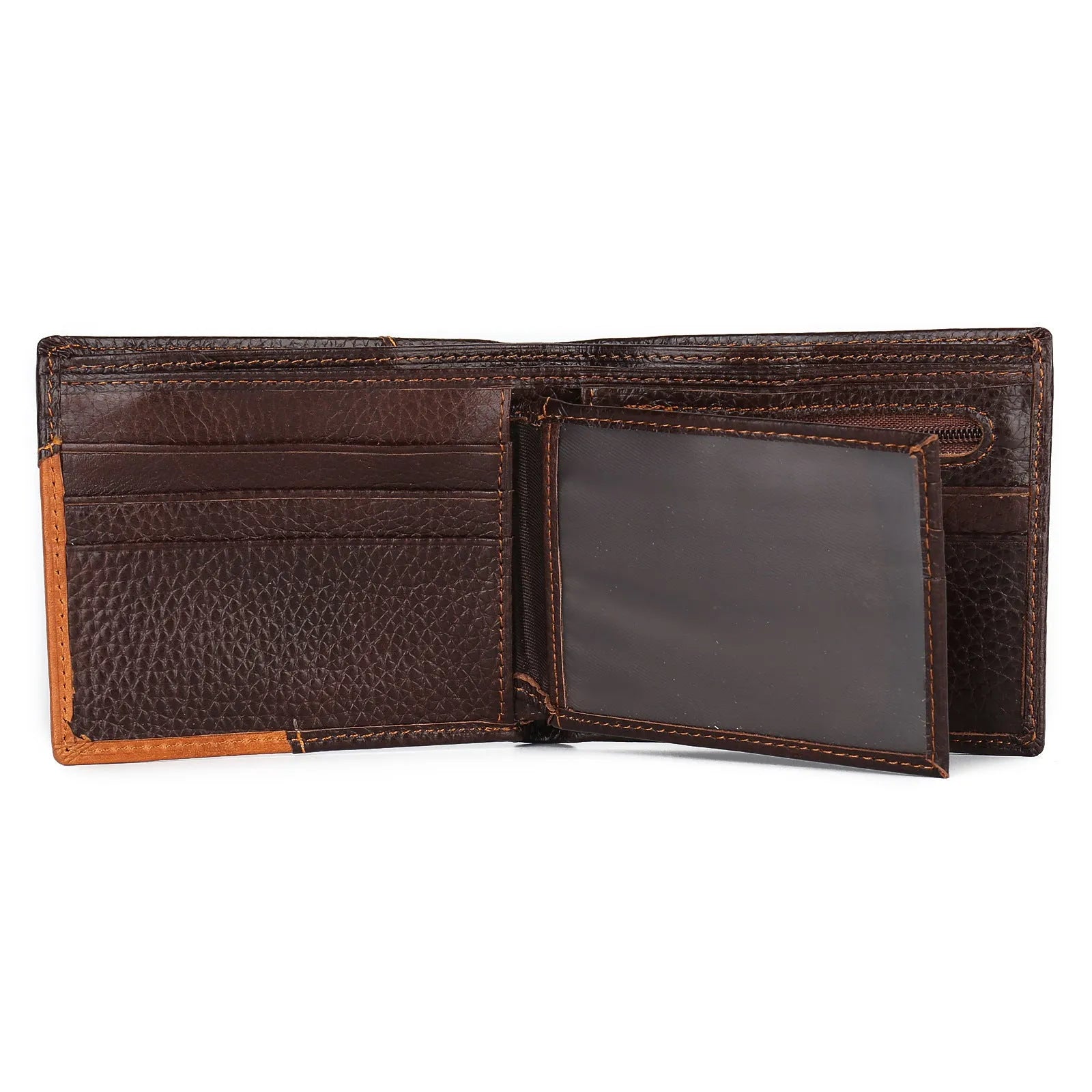Men's brown leather wallet with contrast stitching, open to show card slots, bill compartment, and zipper section.