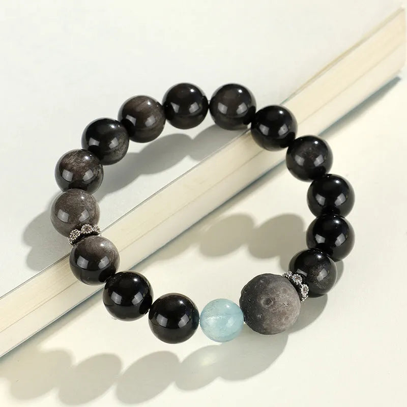 Silver stone crystal beaded bracelet with electroplated setting and choice of fox, cat or planet pendant