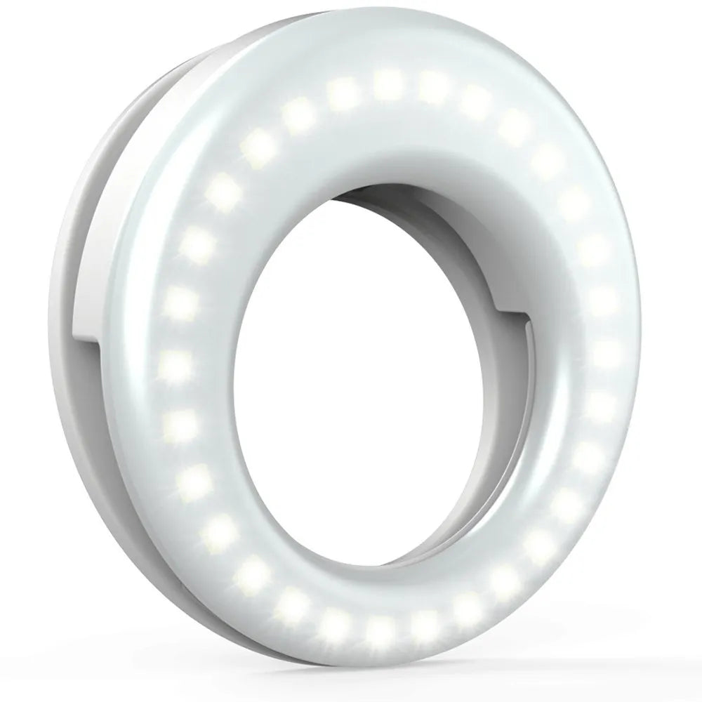 Black portable LED selfie ring light with USB cable for mobile phone photography