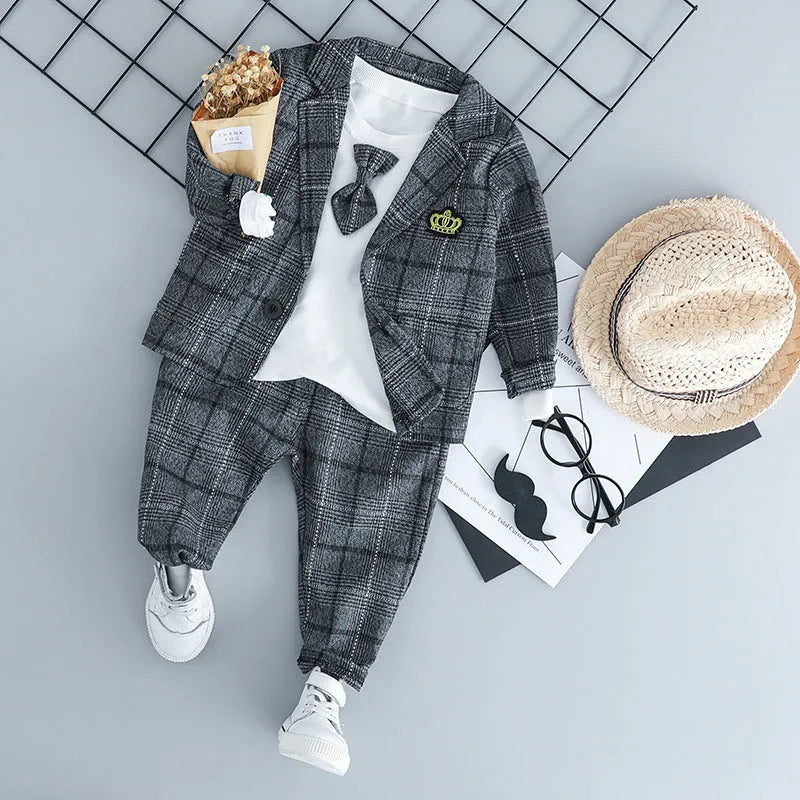 Boys' grey three-piece suit set with jacket, trousers, and waistcoat for formal occasions