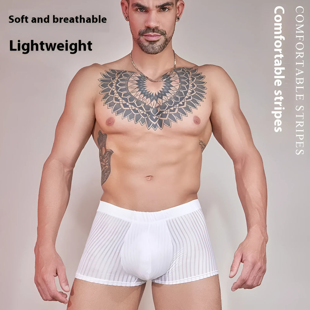 Men's striped nylon underwear in black, shown laid flat.