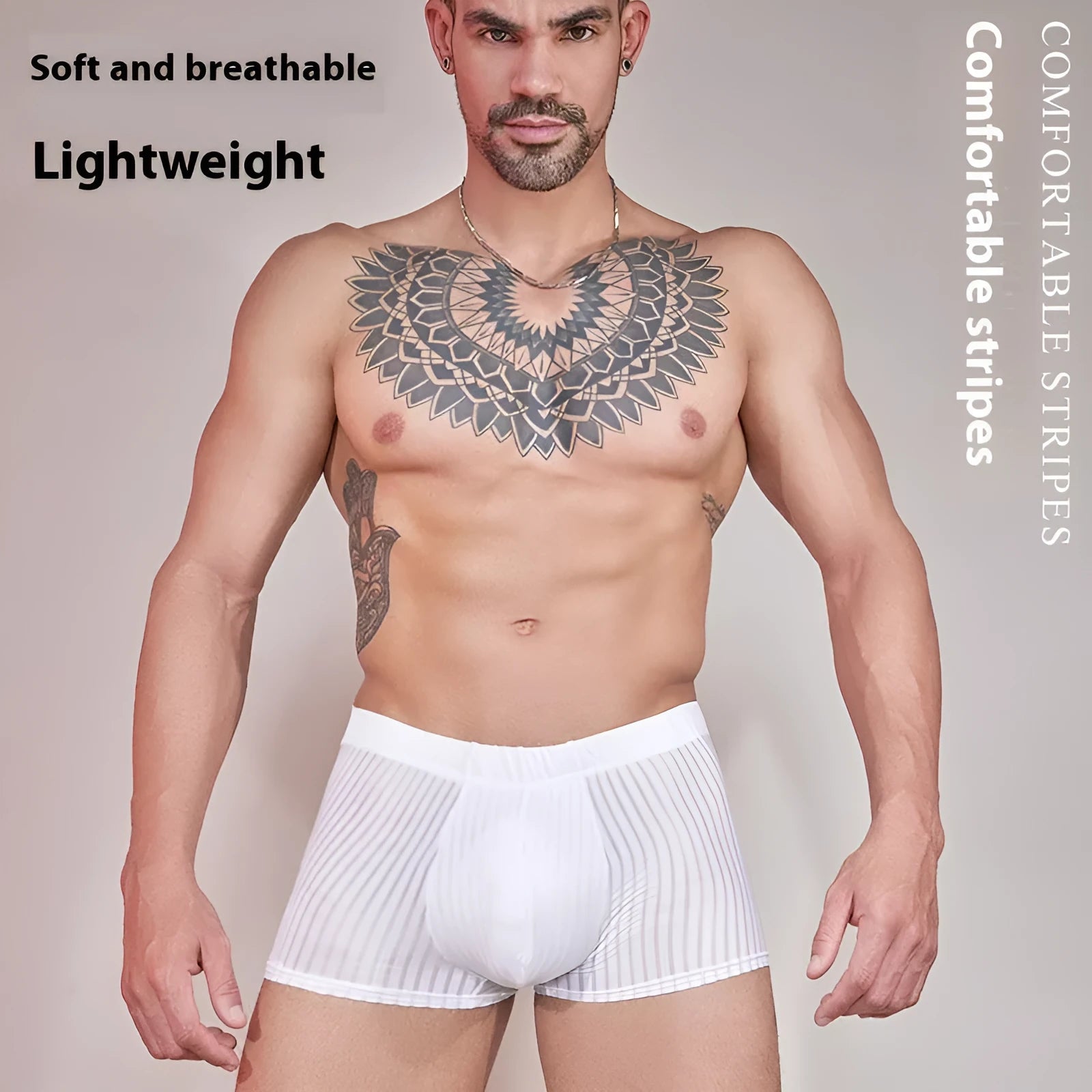 Men's striped nylon underwear in black, shown laid flat.