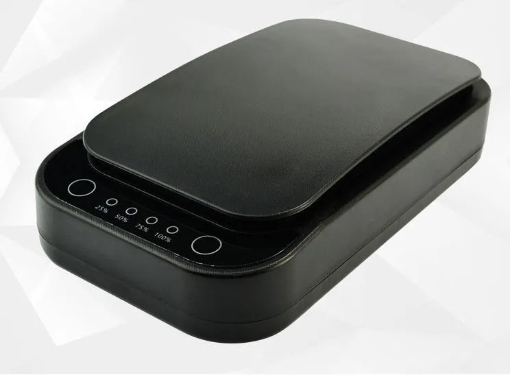Blue and white ultraviolet disinfection box for mobile phones, showing compact size and display.