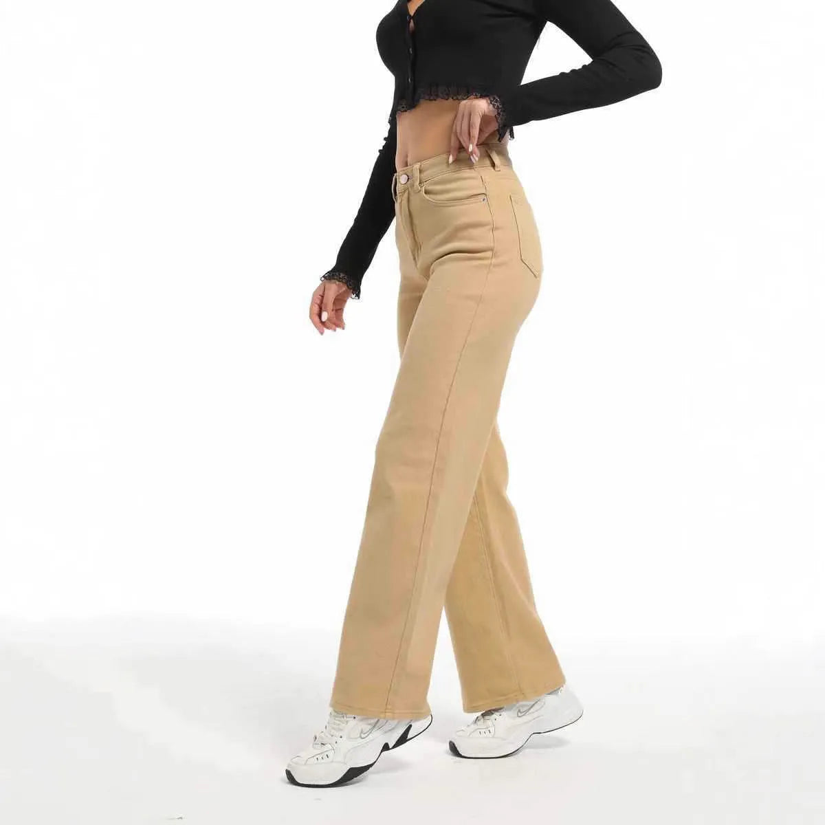 Women's apricot wide leg straight jeans with high waist on a hanger.