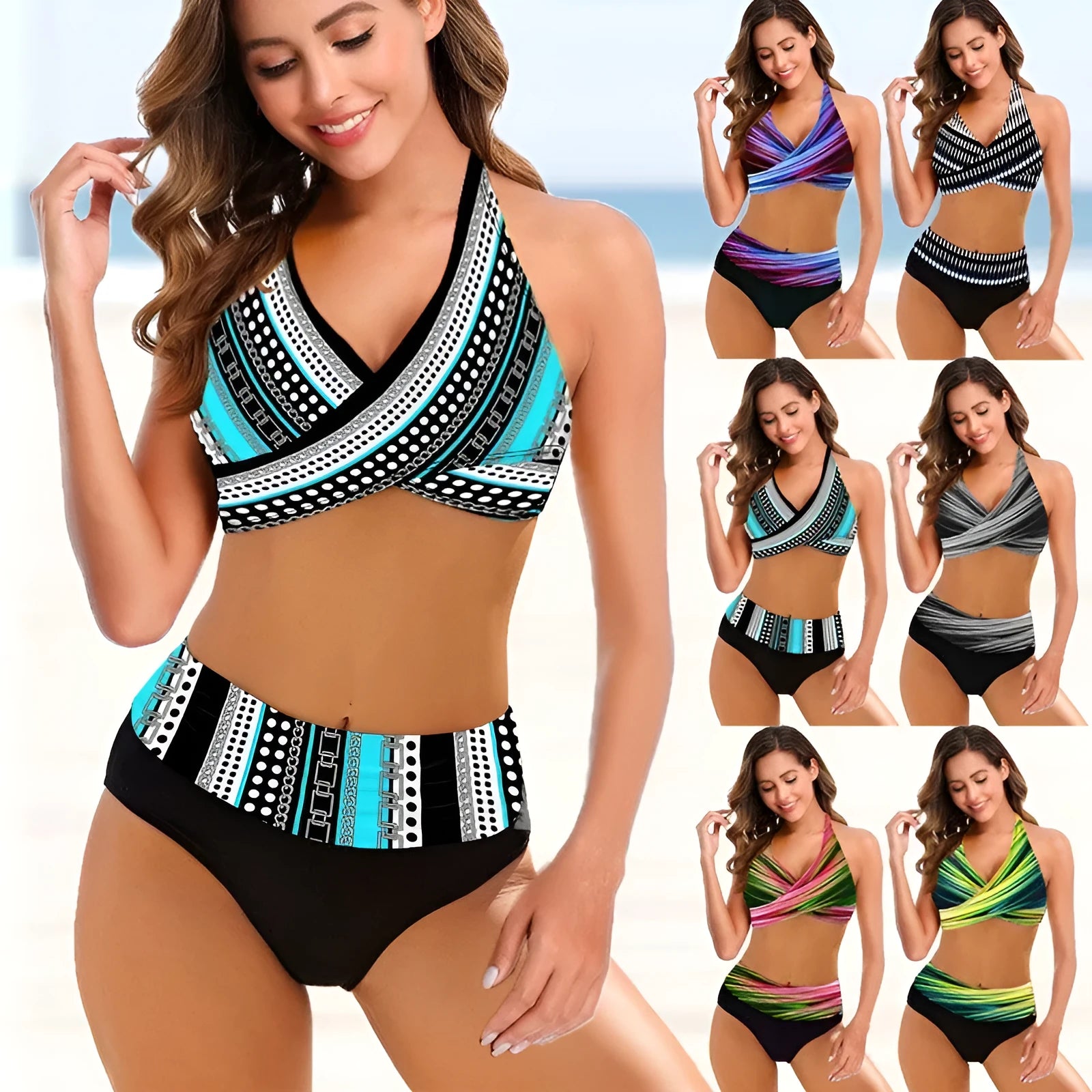 Ladies striped tie-dye bikini set with high-waisted hollow briefs in polyester fabric