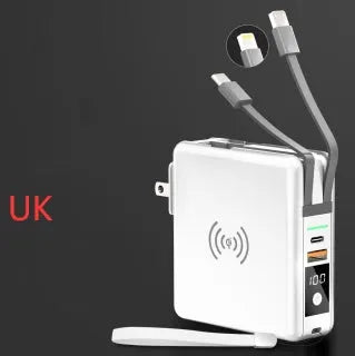 Black and white power bank with built-in plug and set of international travel adapters.