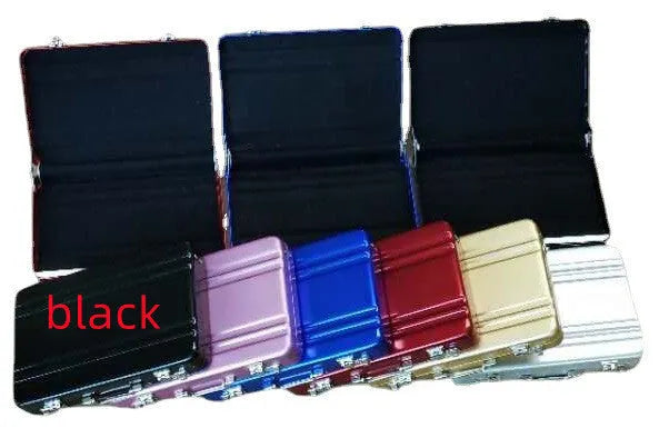 Slim aluminium alloy card holder in six colour options showing its compact size.