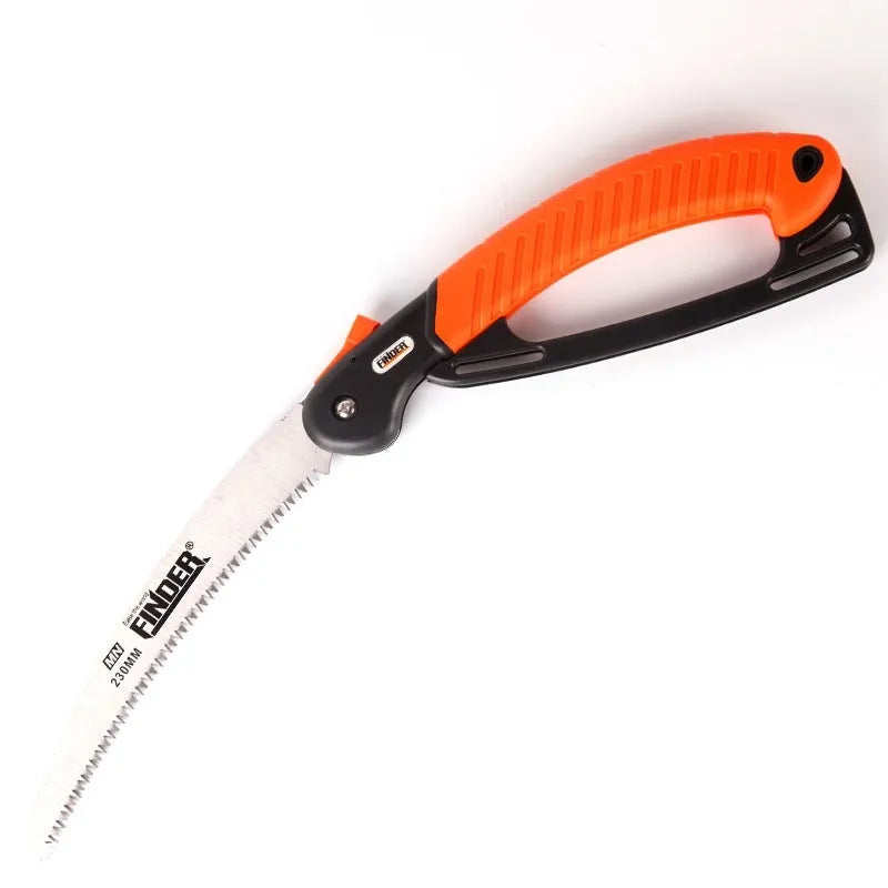 Folding garden pruning saw with a 230mm blade and black TPR grip shown open and closed.