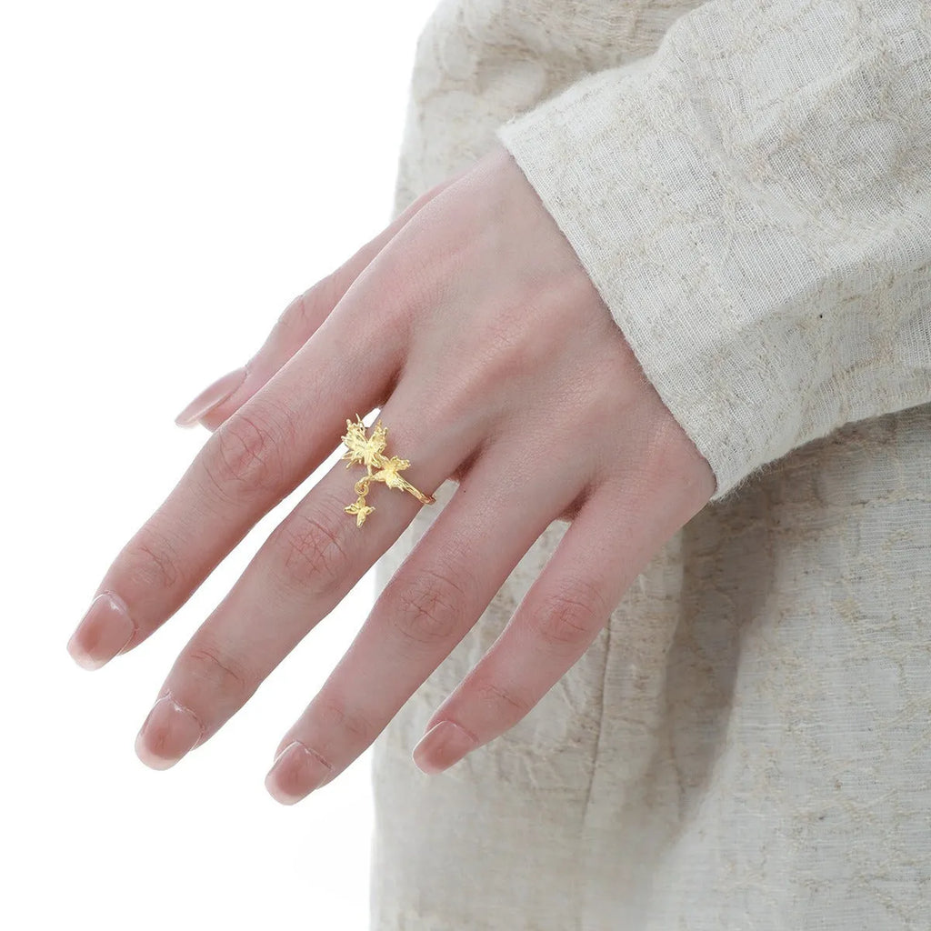 Women's adjustable silver butterfly ring with electroplated white gold or 18K gold colour finish