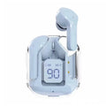 True wireless Bluetooth earbuds in a transparent charging case with a digital display, shown in light blue.