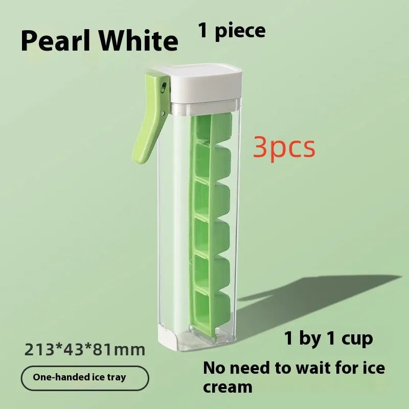 Food grade plastic ice cube tray with one-press release lever and storage box in Maldives blue or pearl white