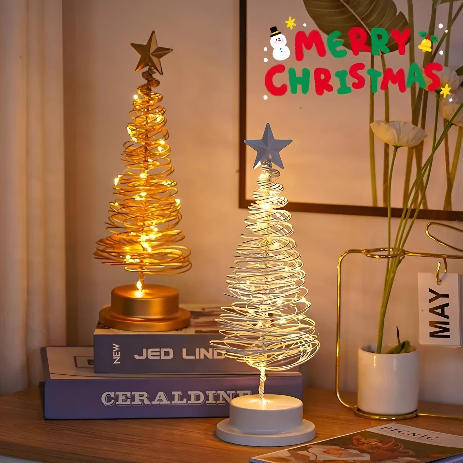 Wrought iron LED Christmas tree spiral light table ornament with warm white lighting