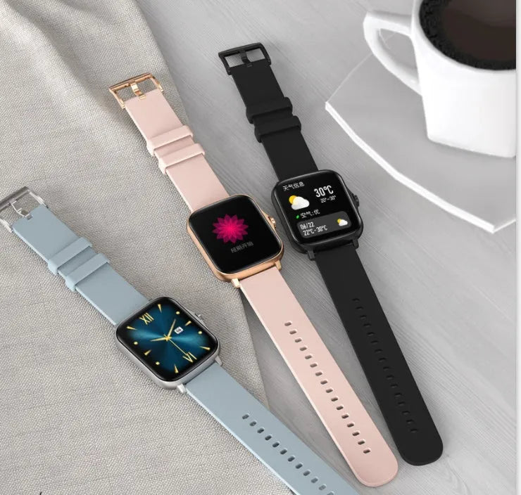 Smart watch with 1.7-inch colour touch screen on adjustable strap, shown in black, blue, or gold.