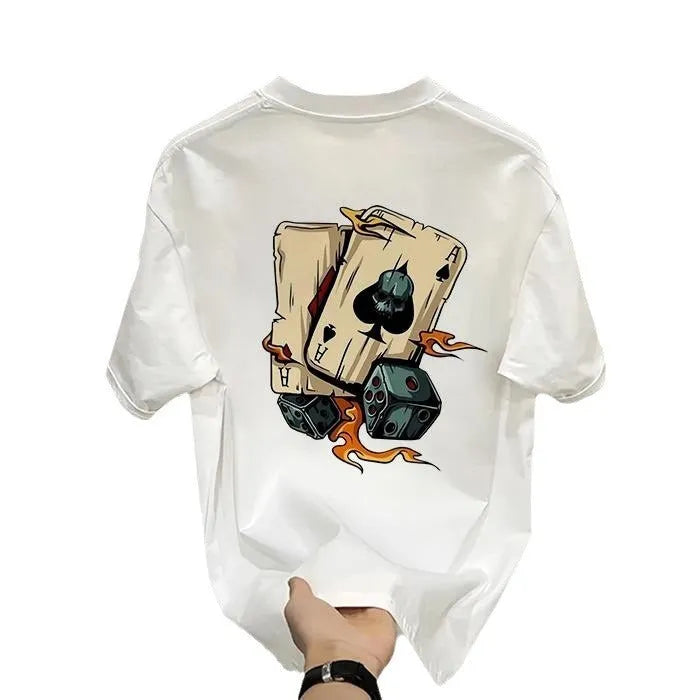 Men's heavyweight black cotton short-sleeved T-shirt with printed design, showing fabric texture and fit