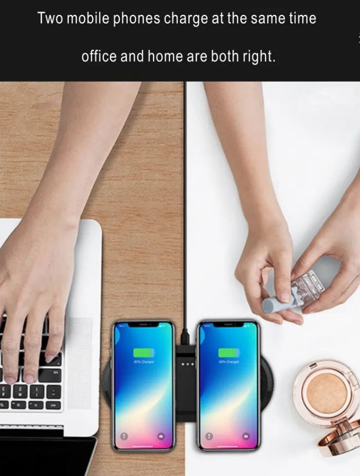 Black and white dual wireless charger showing two phones charging simultaneously on separate pads