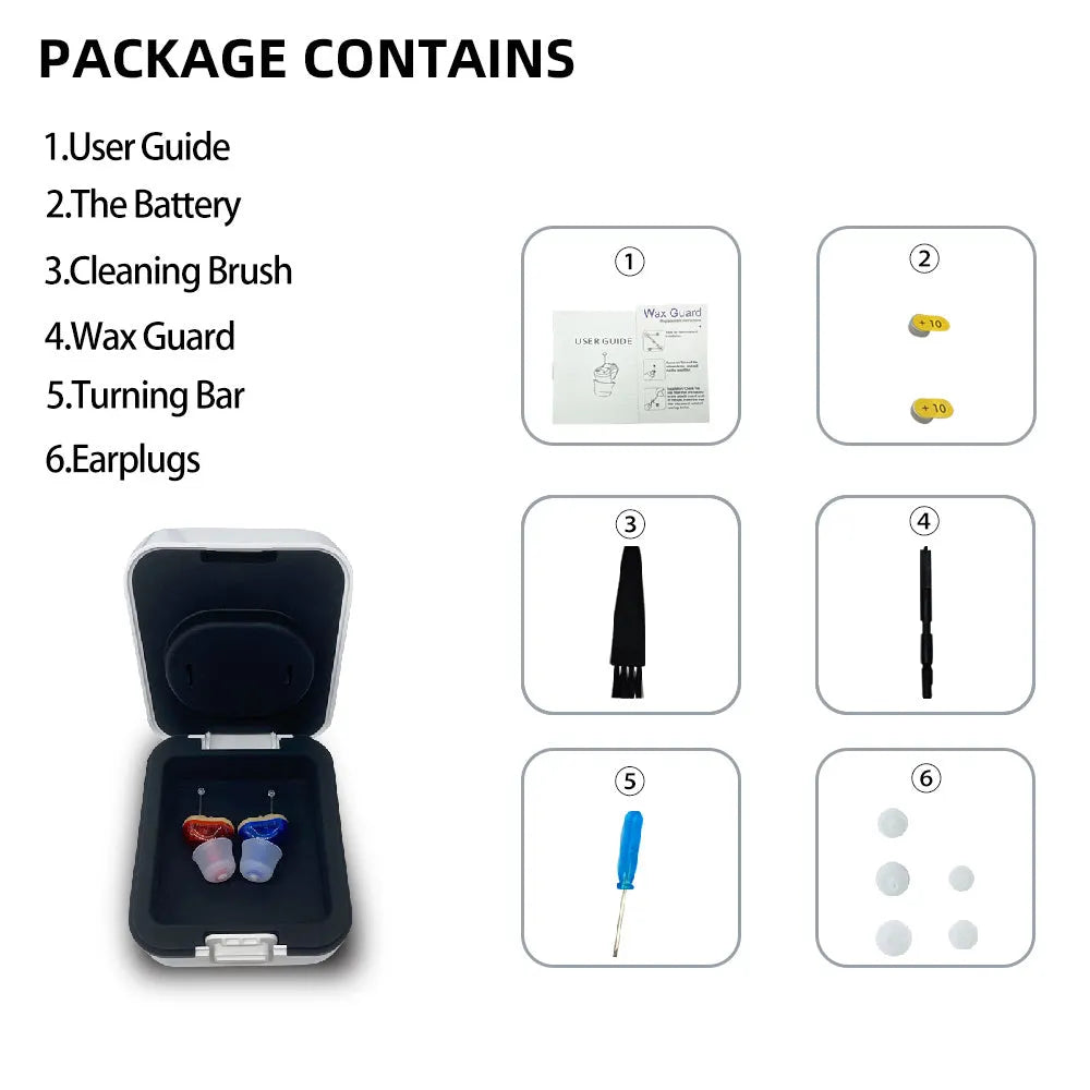 Red and blue Q10 CIC mini hearing aid with accessories including earphones, batteries, and cleaning brush