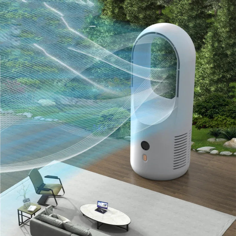 White bladeless electric desk fan with LED display on a desk, showing portable USB rechargeable design.