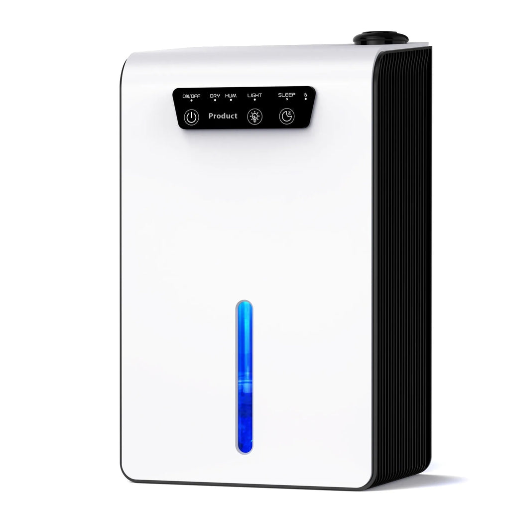 Milky white small dehumidifier for bedrooms with 2.6 litre fluid reservoir capacity