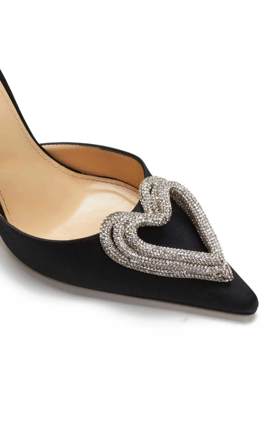 Women's pointed-toe sandals with heart rhinestone detail on satin upper in black, pink, or white colours