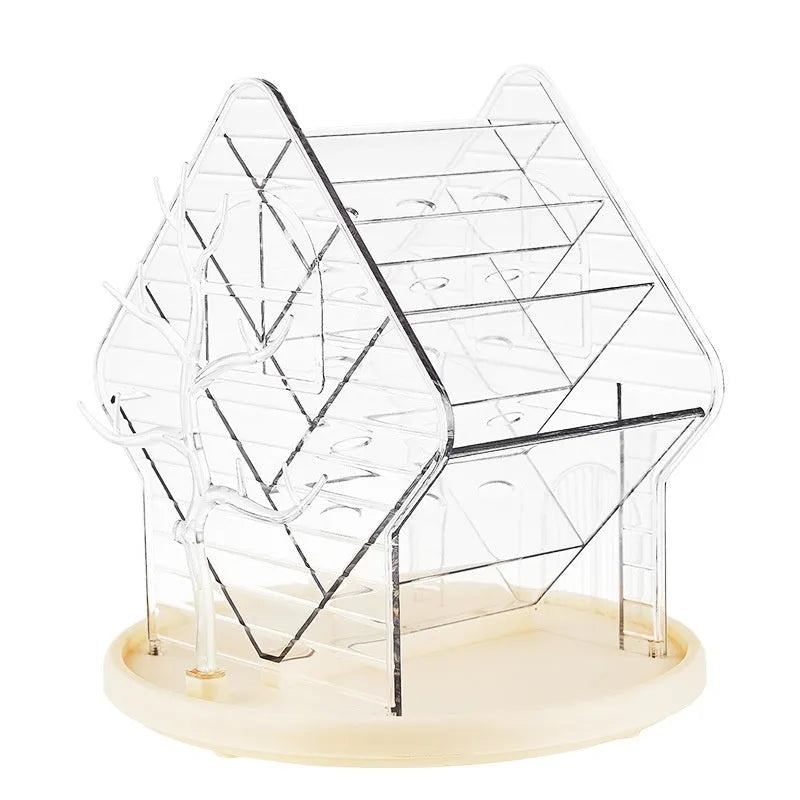 Rotating clear plastic cosmetics storage box with compartments on a 360-degree spinning base.