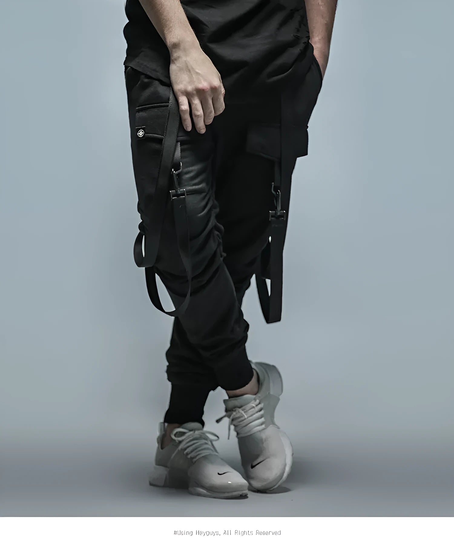 Black fashion fitness men's tapered pencil pants with belt size M to XXL