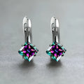 Women's copper earrings with inlaid zircon diamond design in blue, green, and colour options.