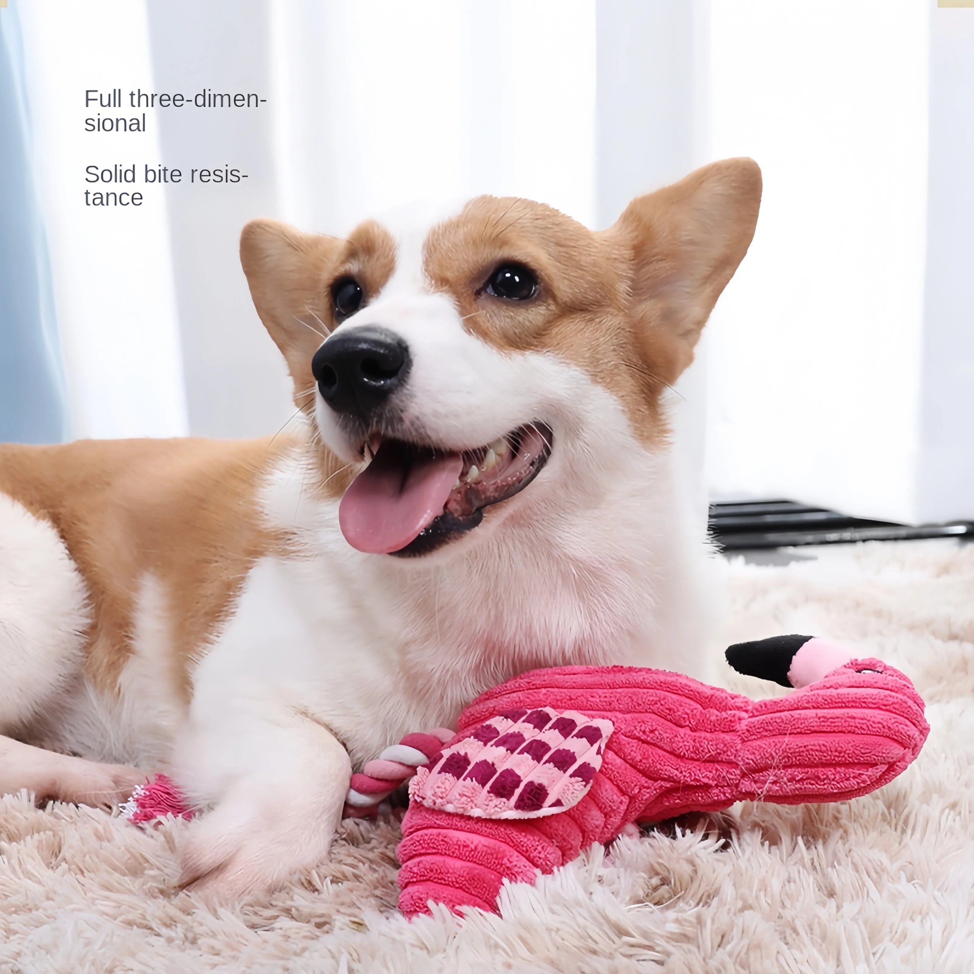 Pink animal-shaped corduroy plush dog squeaky toy for chewing play.