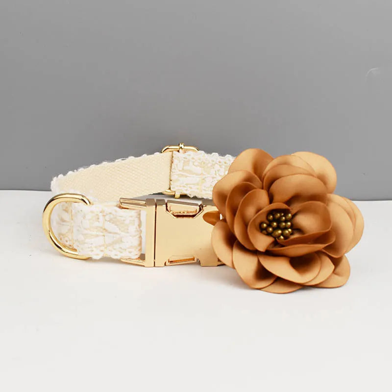 White pet wedding vest collar with lace leaf decoration and matching leash set with flower accessory