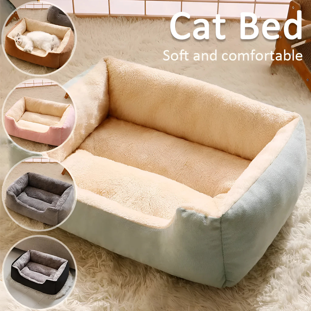 Soft short plush cat bed shown in multiple colours and sizes for kittens, cats, and small dogs.