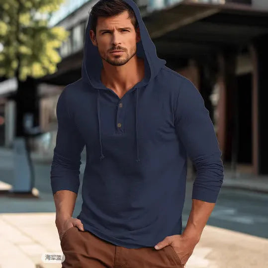 Men's cotton pullover hoodie in dark blue, apricot, black, blue, white or light green colours with long sleeves