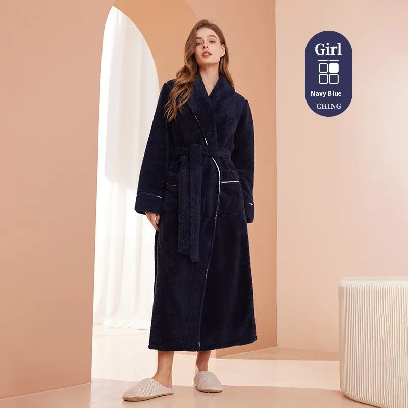 Thick flannel winter bathrobe for couples in multiple colour options like navy blue and cherry yellow.
