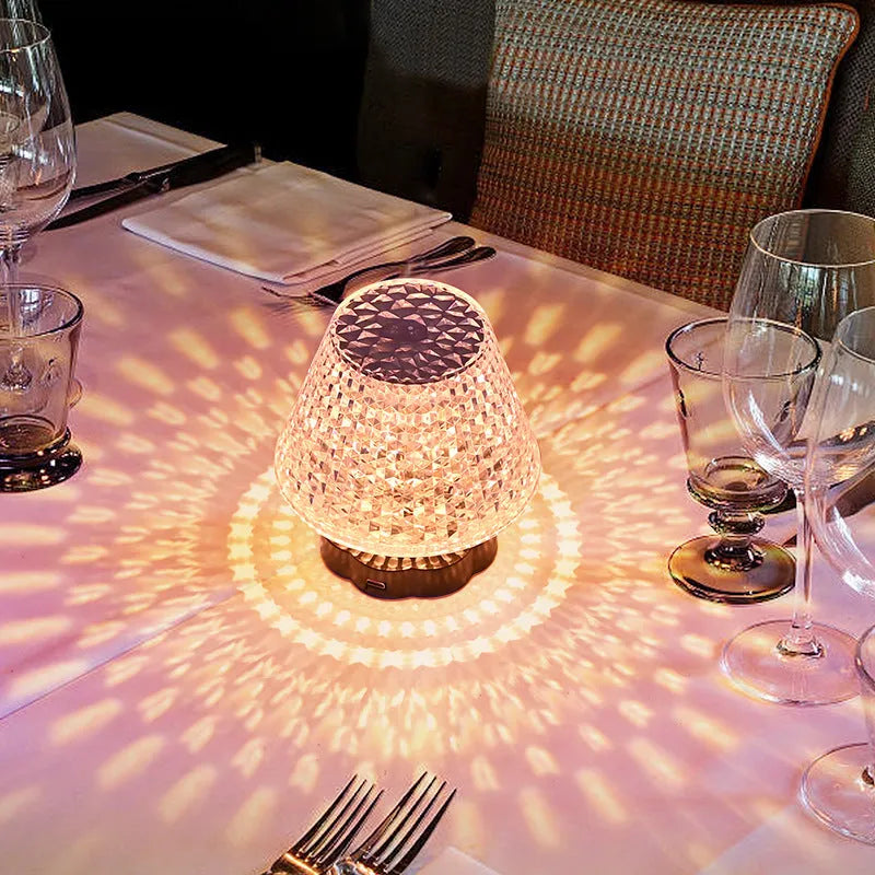 Crystal table lamp with touch sensor base showing three colour temperature options on tabletop