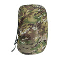 Waterproof backpack rain cover in army green, shown fitted over a hiking pack.