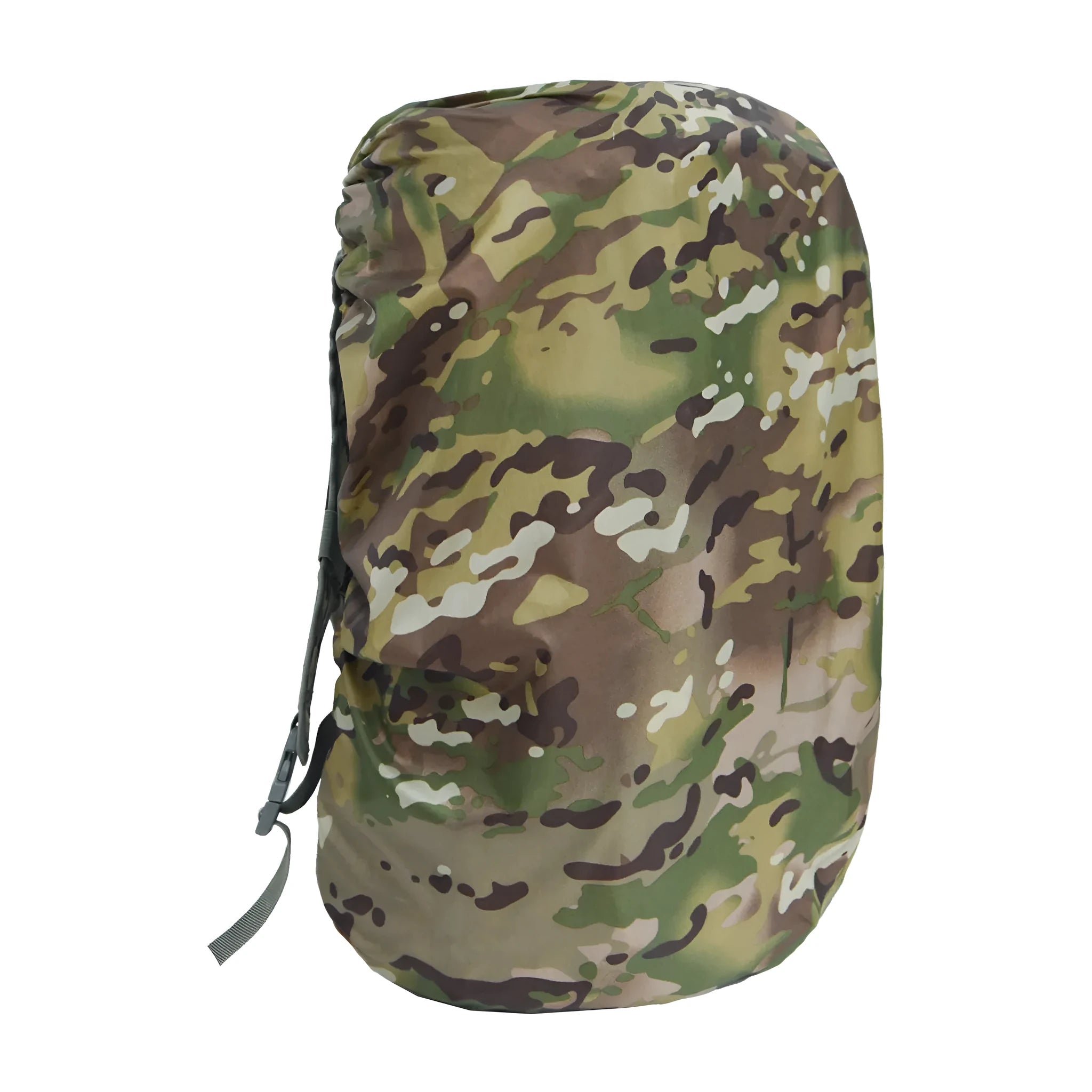 Waterproof backpack rain cover in army green, shown fitted over a hiking pack.