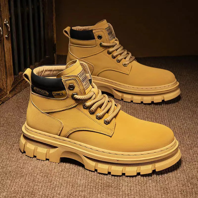 Men's brown Martin boots with lace-up front, round toe, and rubber sole.