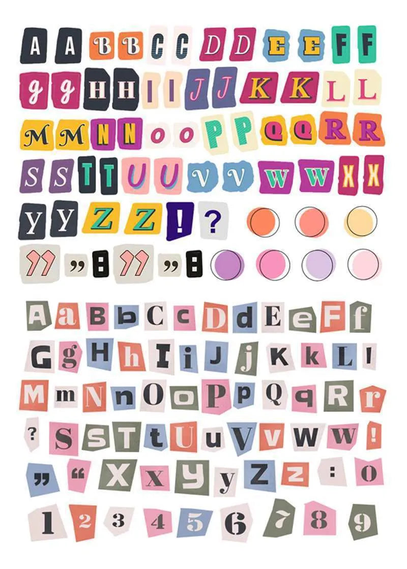 English letters and numbers symbol label stickers showing A-E letters and week words in cute printed designs