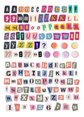 English letters and numbers symbol label stickers showing A-E letters and week words in cute printed designs