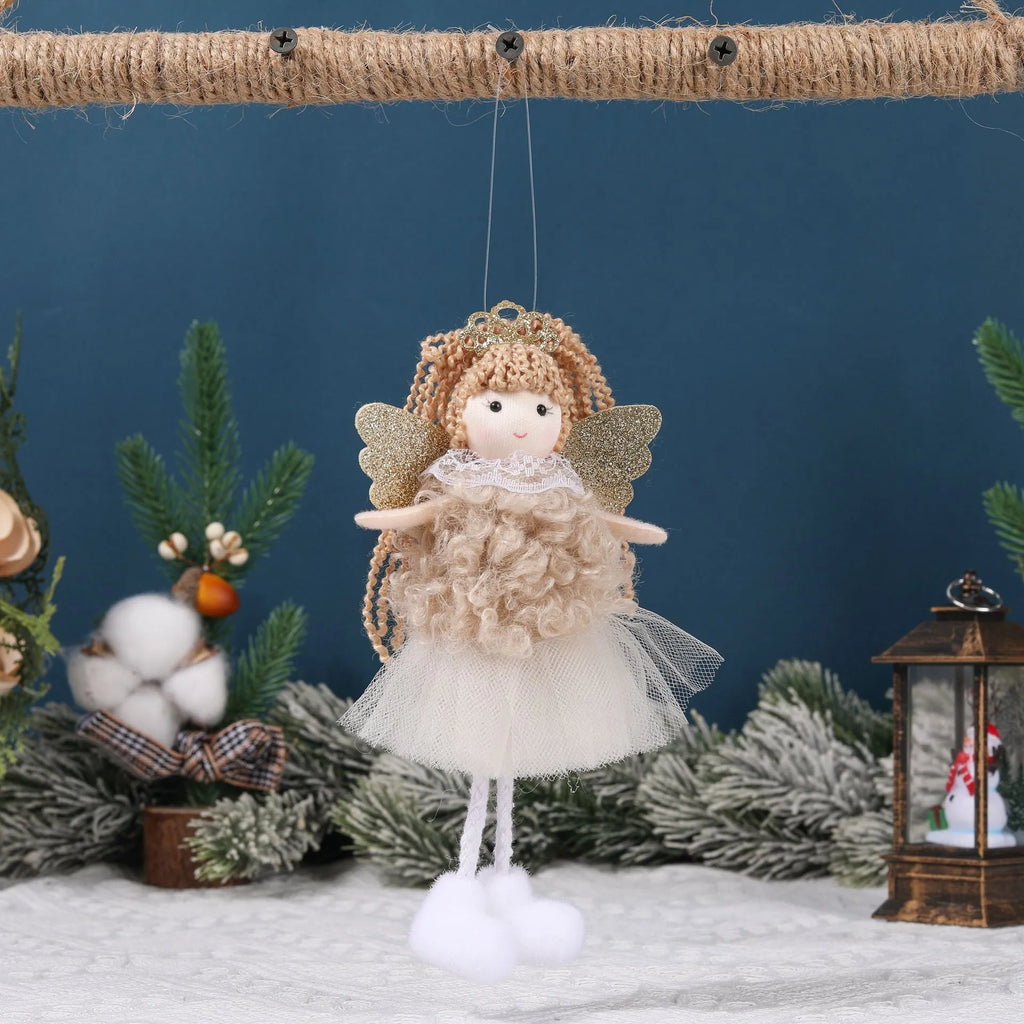 Cartoon angel fabric pendant hair clip for girls' Christmas high ponytail in white, pink, or khaki.