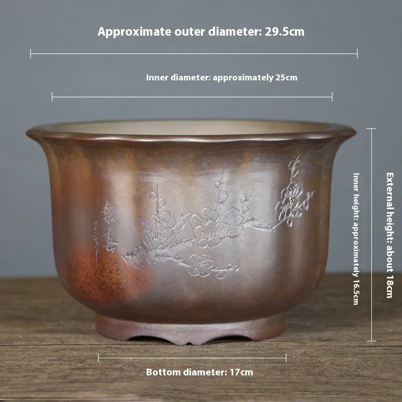 Antique carved purple sand clay ceramic flowerpot for indoor bonsai displays