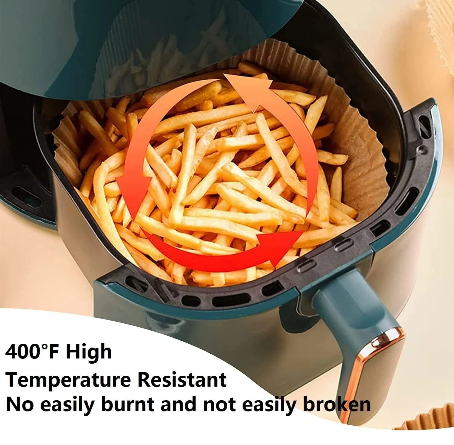 Round disposable paper liners for air fryers with 4.5cm high edges in white parchment colour