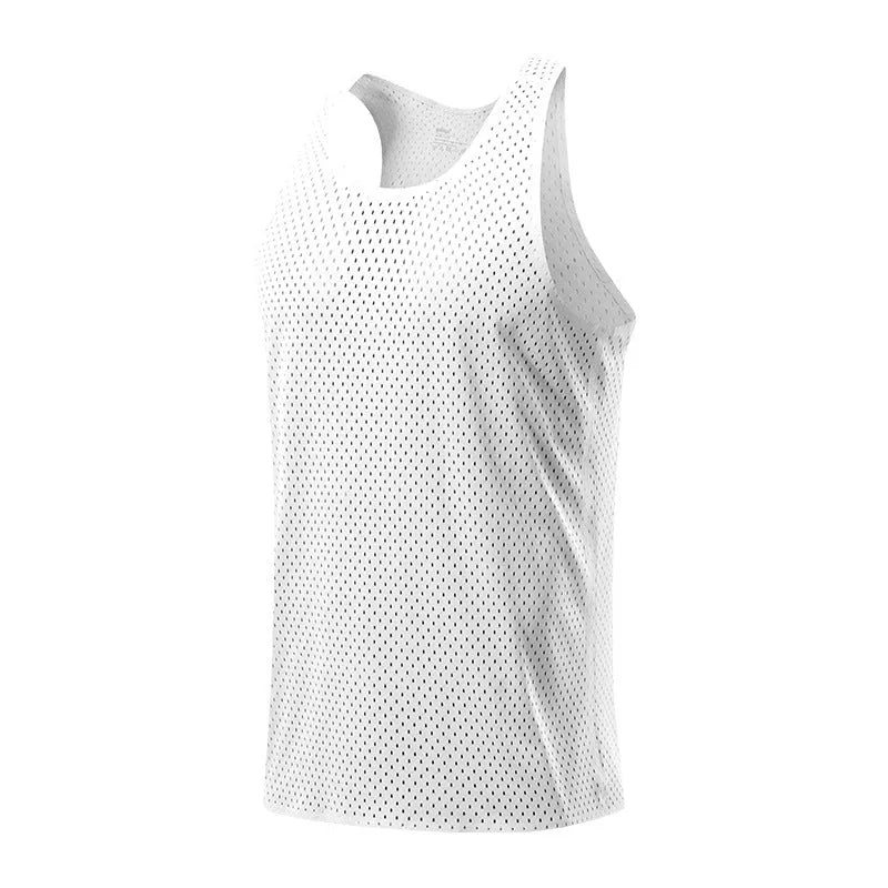 Men's solid colour sleeveless sports vest in quick-drying polyester fabric on a white background.